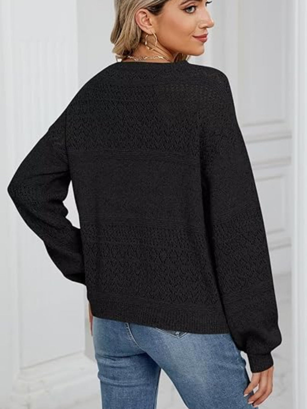 Eyelet V-Neck Long Sleeve Sweater