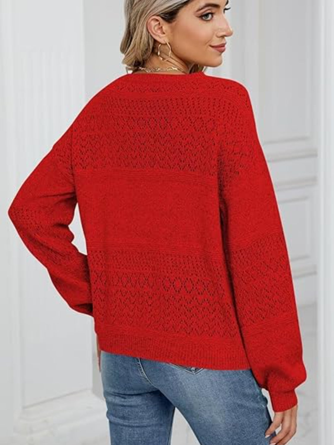 Eyelet V-Neck Long Sleeve Sweater