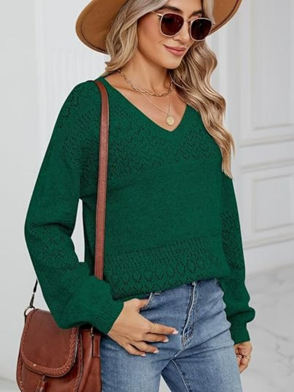 Eyelet V-Neck Long Sleeve Sweater