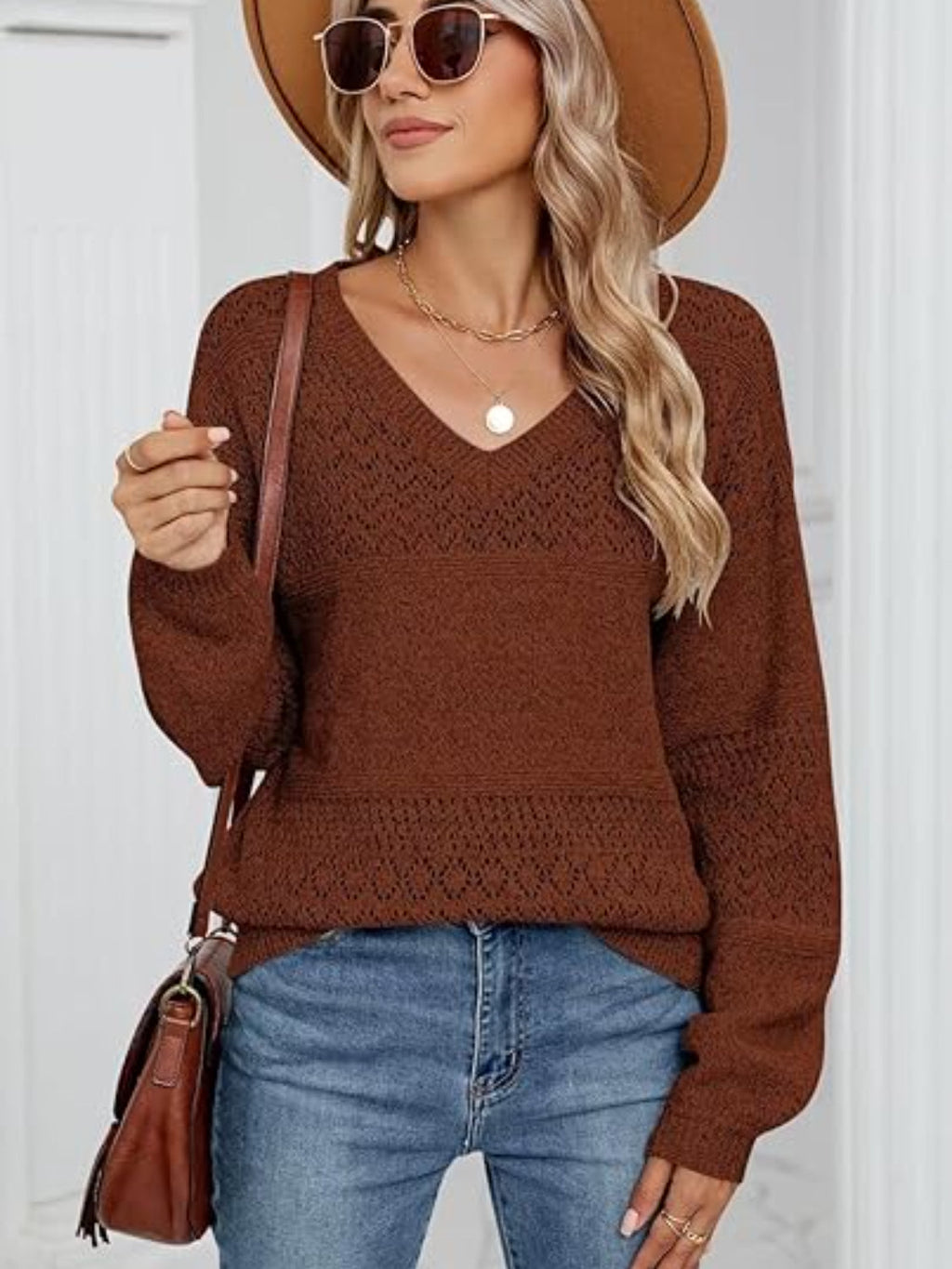 Eyelet V-Neck Long Sleeve Sweater