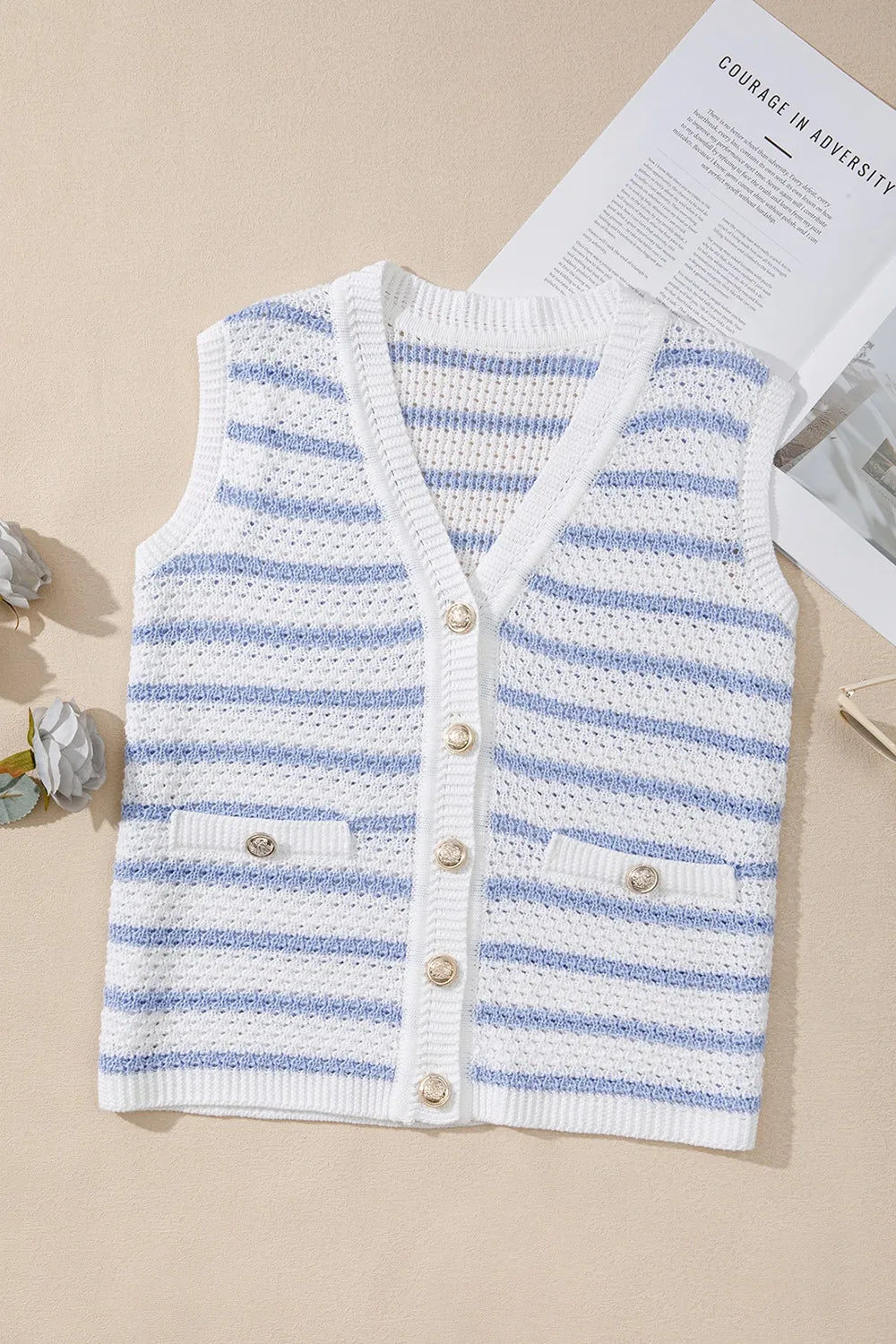 Stripe V Neck Gold Buttons Elegant Sweater Vest