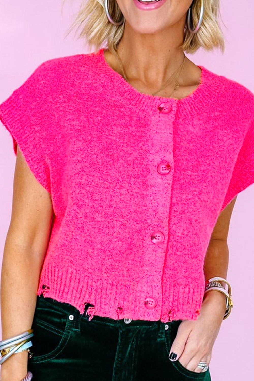 Distressed Hem Cap Sleeve Button Front Sweater