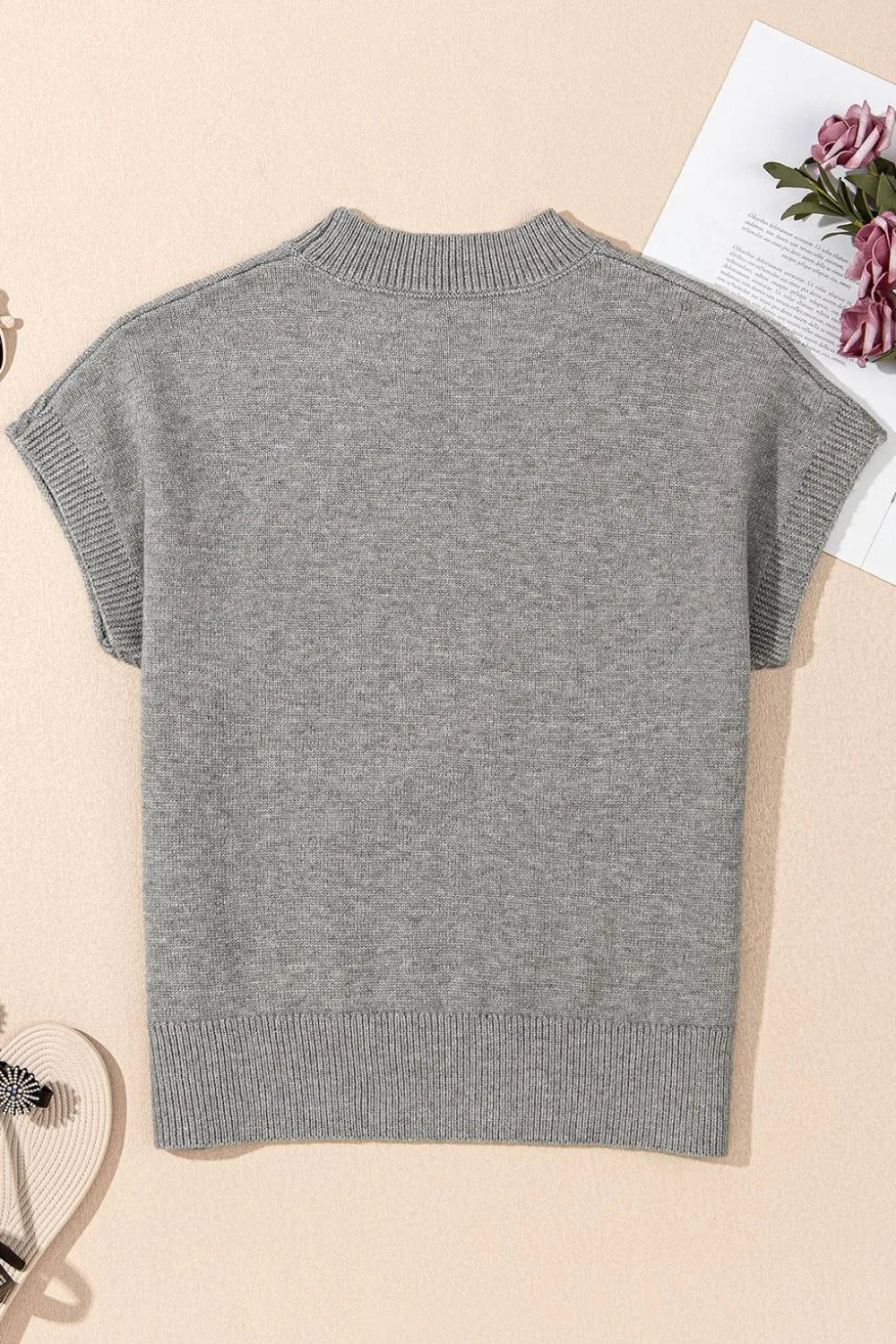 Flower Pattern Ribbed Trim Short Sleeve Boxy Sweater