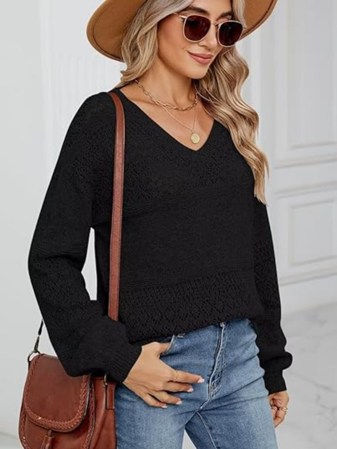 Eyelet V-Neck Long Sleeve Sweater