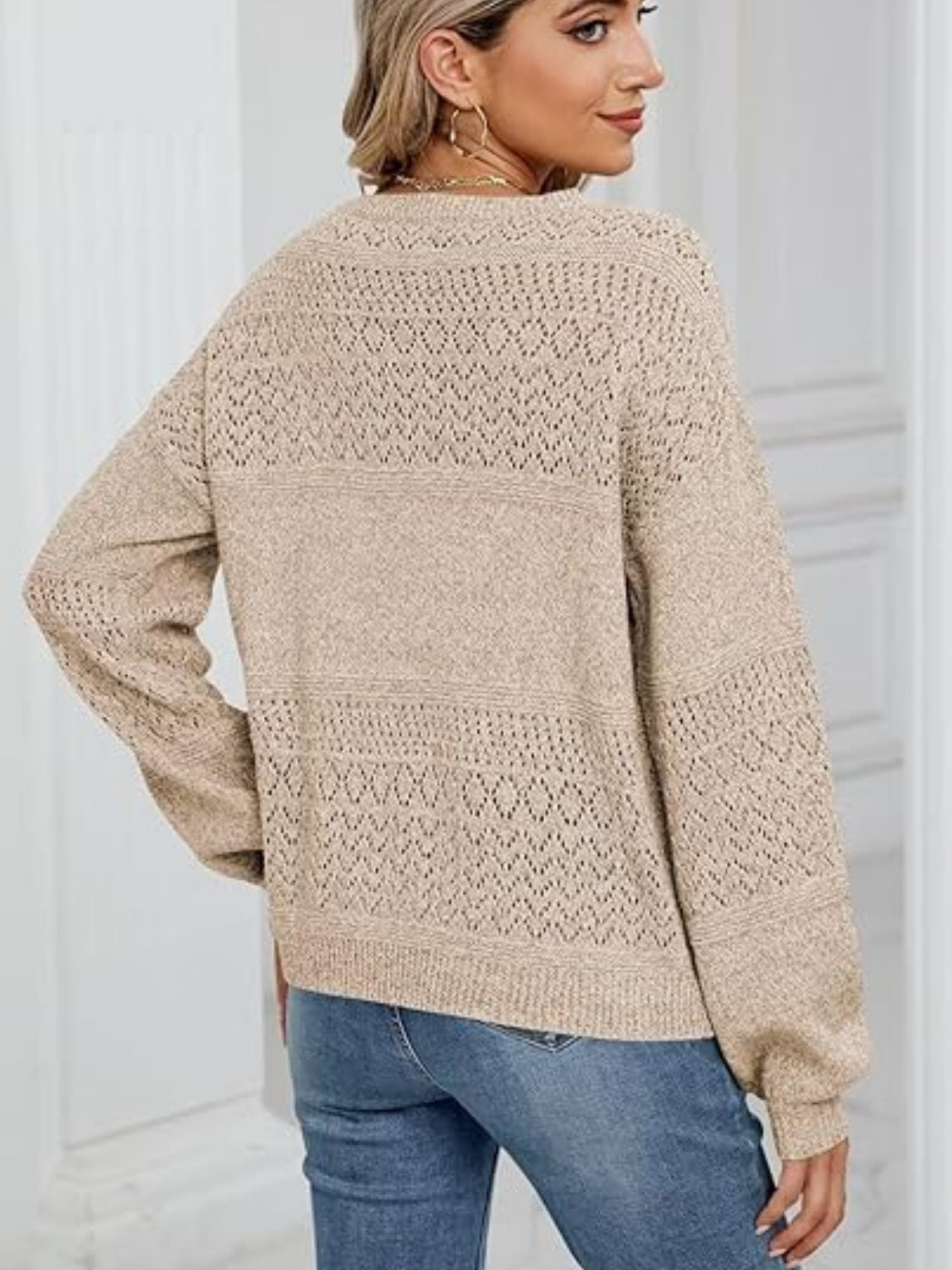 Eyelet V-Neck Long Sleeve Sweater