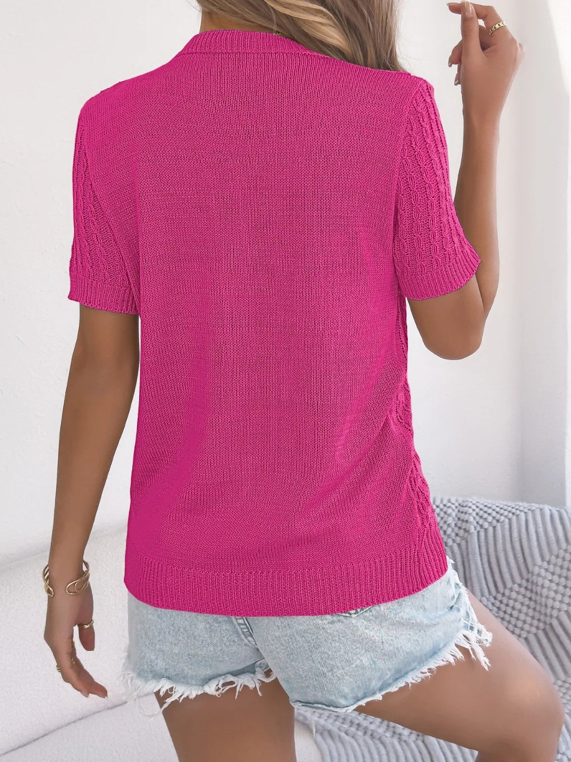 Cable Knit Button Down Short Sleeve Cardigan