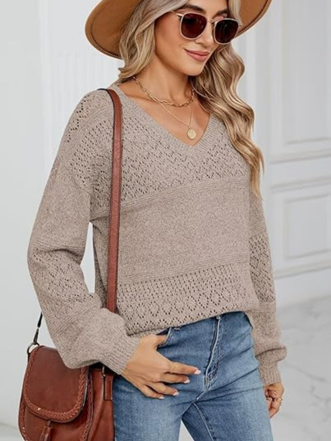 Eyelet V-Neck Long Sleeve Sweater