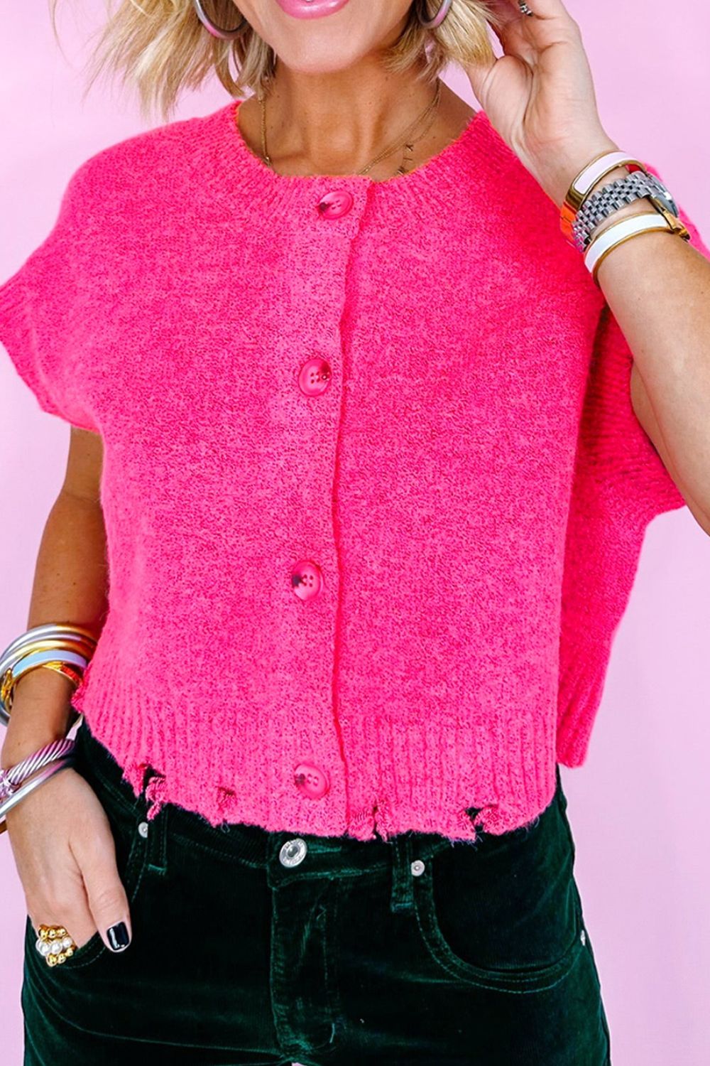 Distressed Hem Cap Sleeve Button Front Sweater