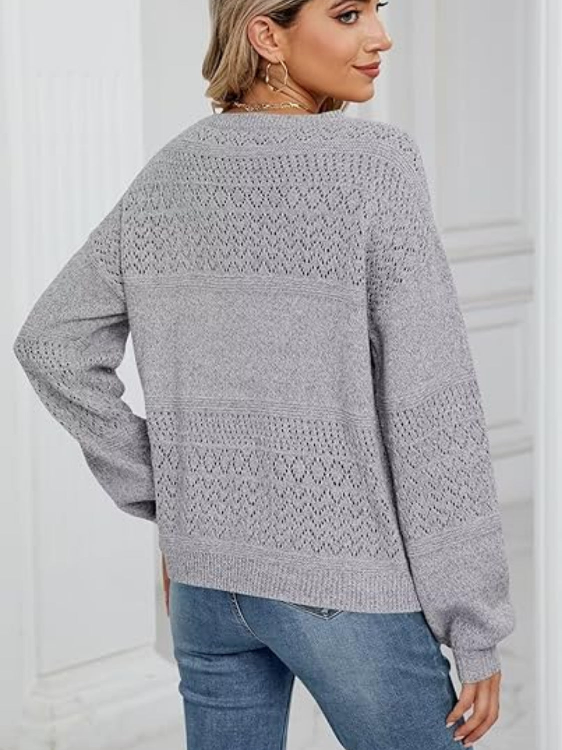 Eyelet V-Neck Long Sleeve Sweater