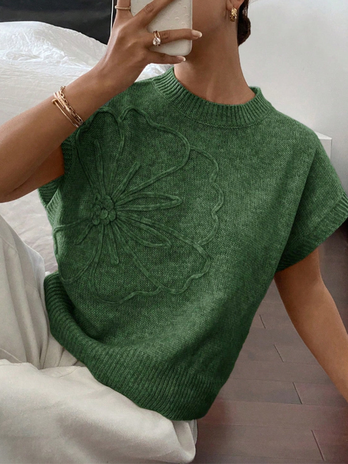 Flower Ribbed Hem Round Neck Cap Sleeve Sweater