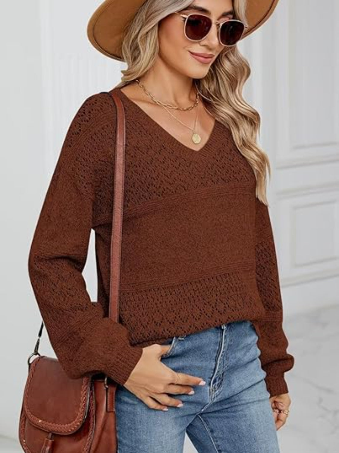 Eyelet V-Neck Long Sleeve Sweater