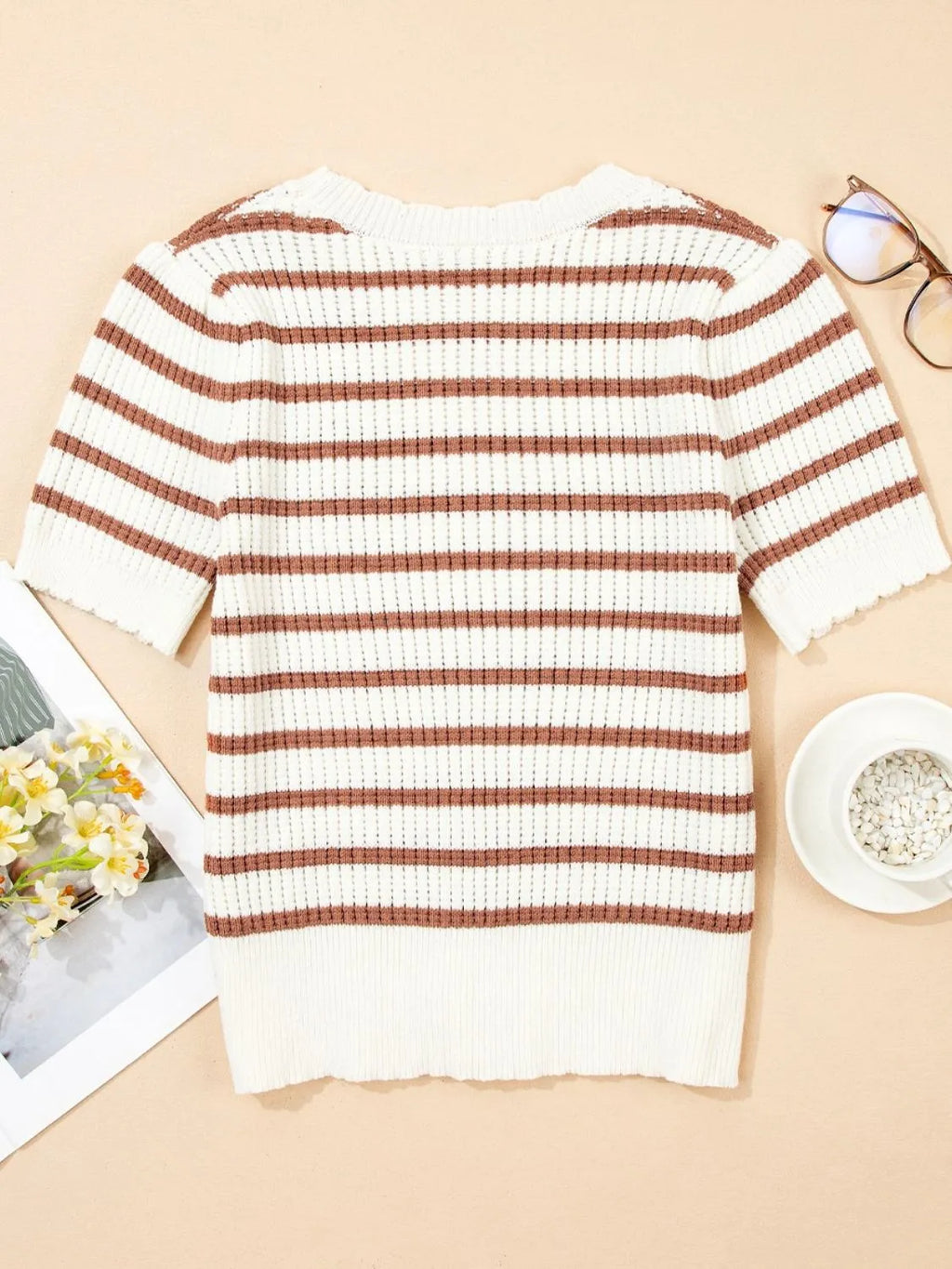 Stripe Scalloped Round Neck Short Sleeve Sweater