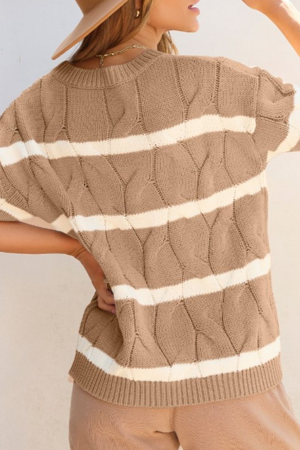 Striped Cable Knit Short Sleeve Sweater