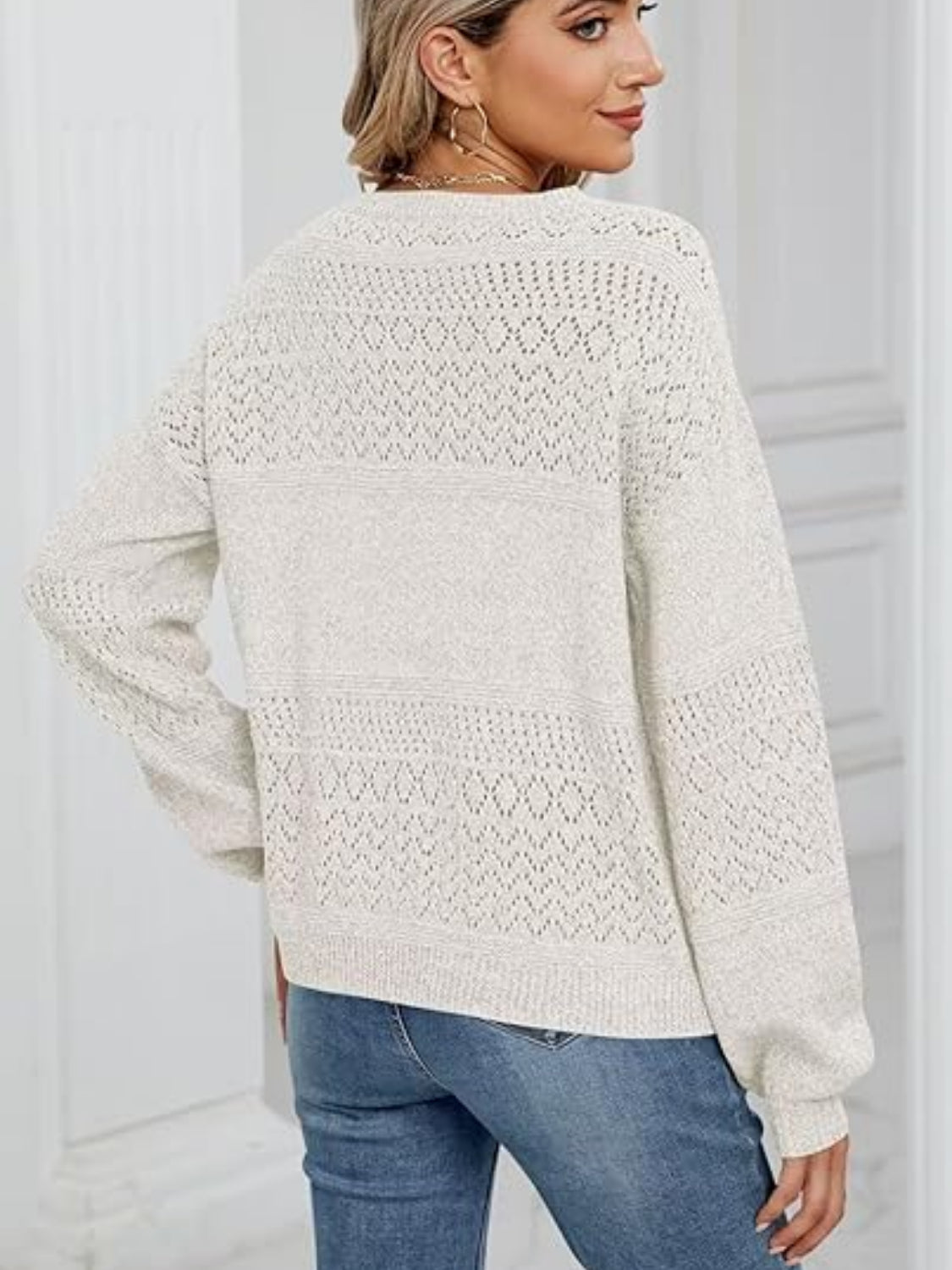 Eyelet V-Neck Long Sleeve Sweater