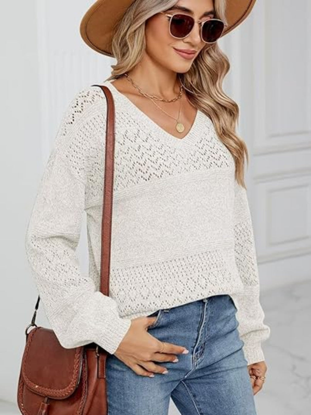 Eyelet V-Neck Long Sleeve Sweater