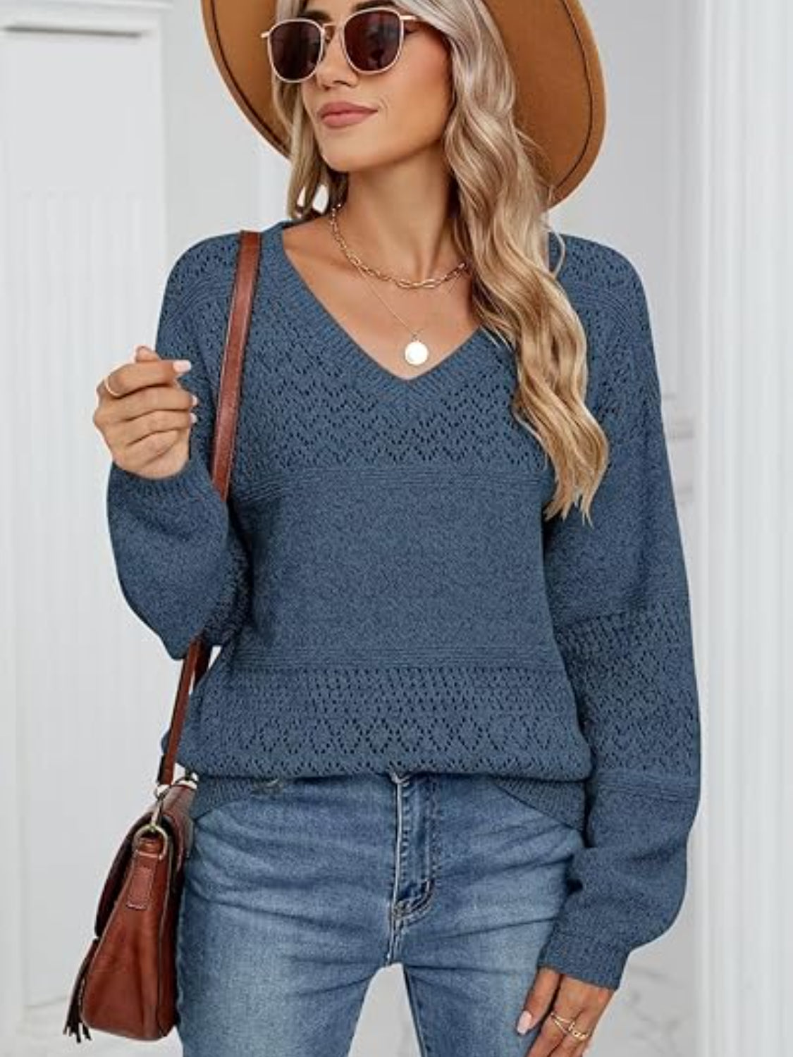 Eyelet V-Neck Long Sleeve Sweater