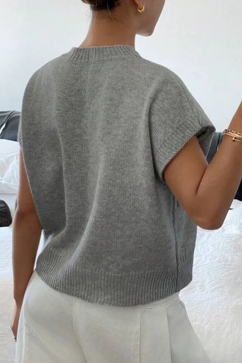 Flower Pattern Ribbed Trim Short Sleeve Boxy Sweater