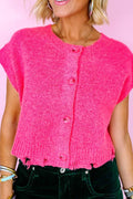 Distressed Hem Cap Sleeve Button Front Sweater