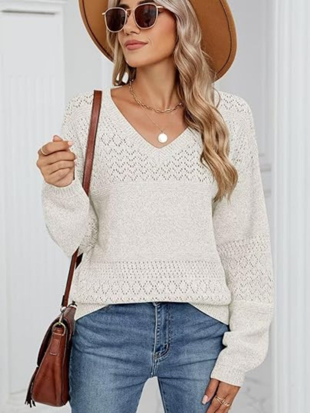 Eyelet V-Neck Long Sleeve Sweater