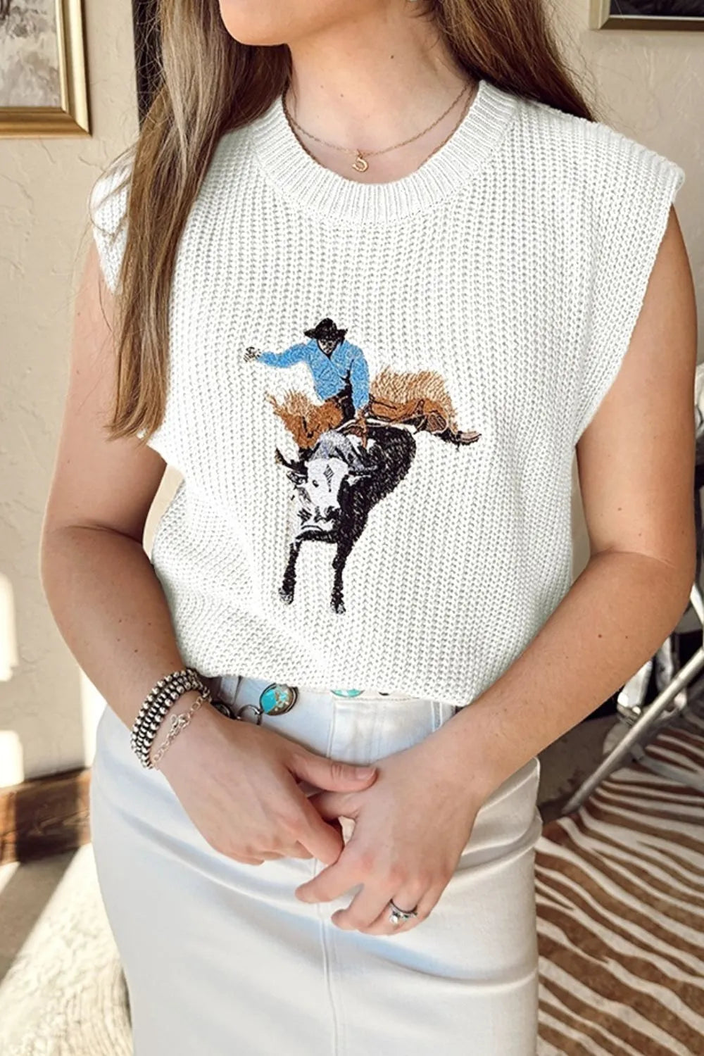 Graphic Round Neck Sweater Vest