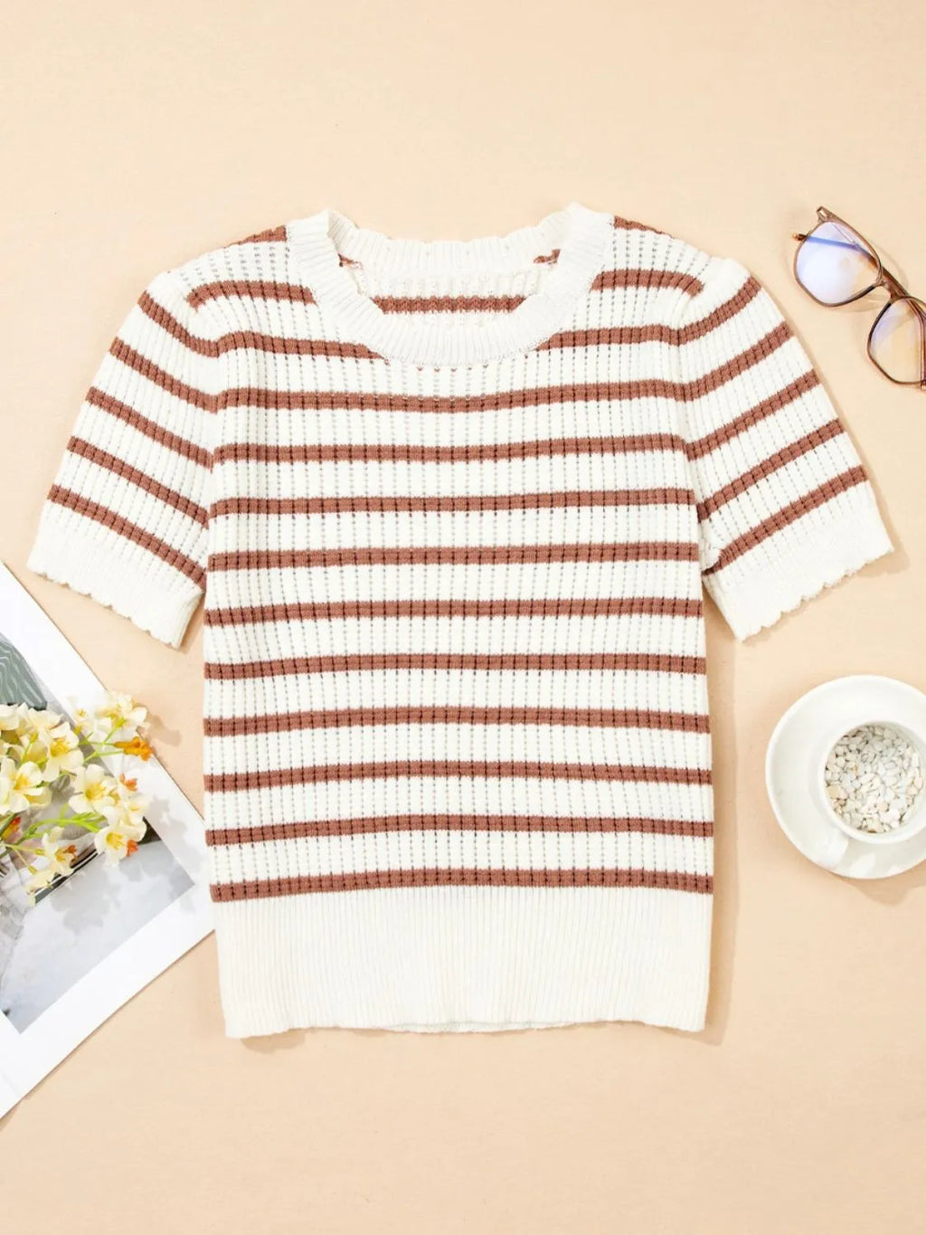 Stripe Scalloped Round Neck Short Sleeve Sweater