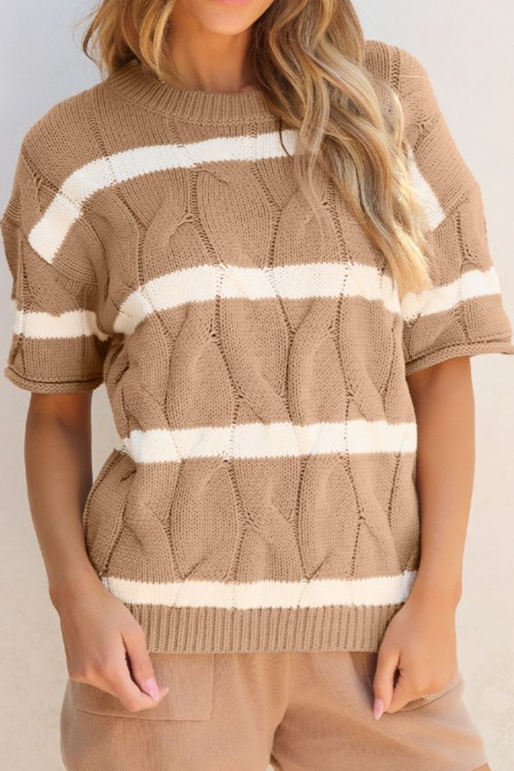 Striped Cable Knit Short Sleeve Sweater
