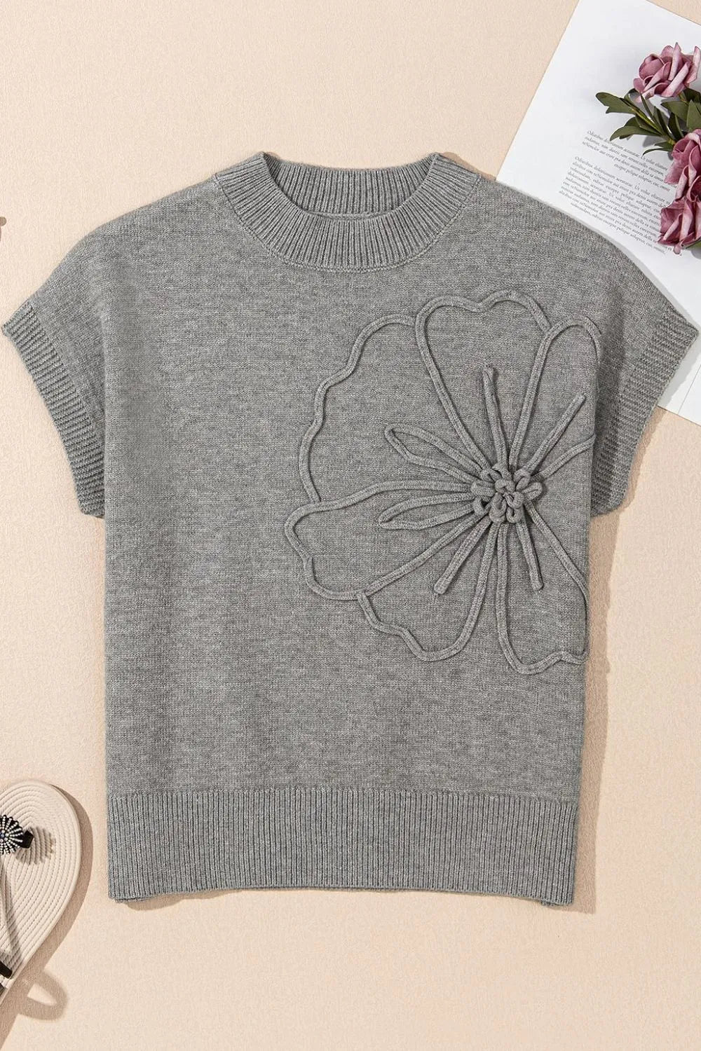 Flower Pattern Ribbed Trim Short Sleeve Boxy Sweater